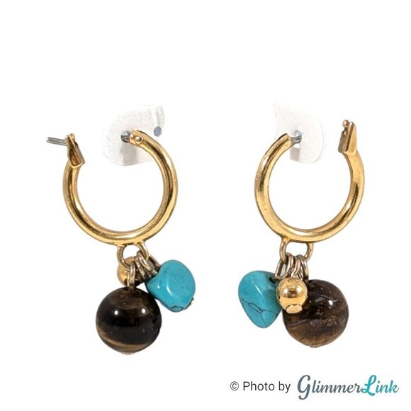 Petite Tiger's Eye Teal Stone Beaded Dangle Gold Tone Hoop Earrings - Picture 1 of 6